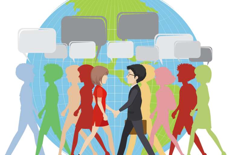 Infographic with people walking on earth